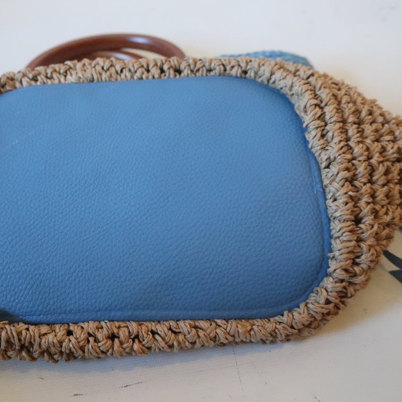 WOMENS UNBILLION BLUE TAN BURLAP WOOD DOUBLE HANDLE HANDBAG * - Picture 7 of 9